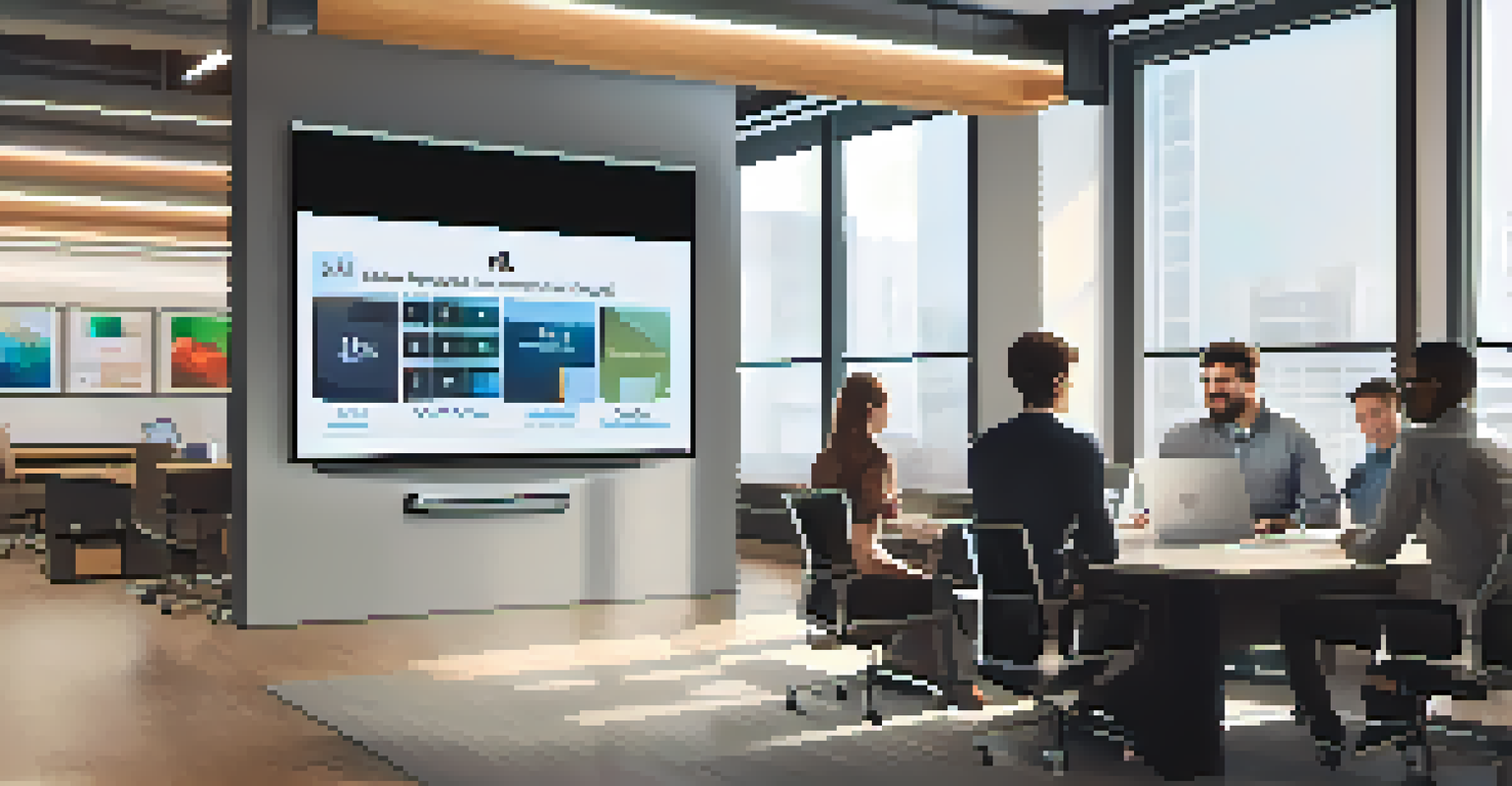 A modern office with a video conferencing setup showing remote team members on a large monitor.