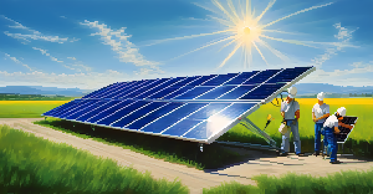 Technicians installing solar panels in a sunny green field, highlighting teamwork and renewable energy efforts.