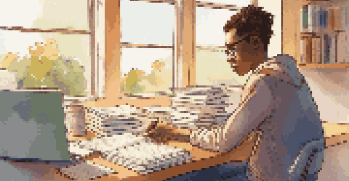 A student at a desk, focused on creating a repayment plan with textbooks and a laptop around them.