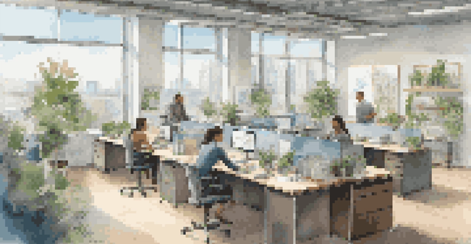 A bright and airy modern office with diverse employees working collaboratively at open desks surrounded by plants and large windows.