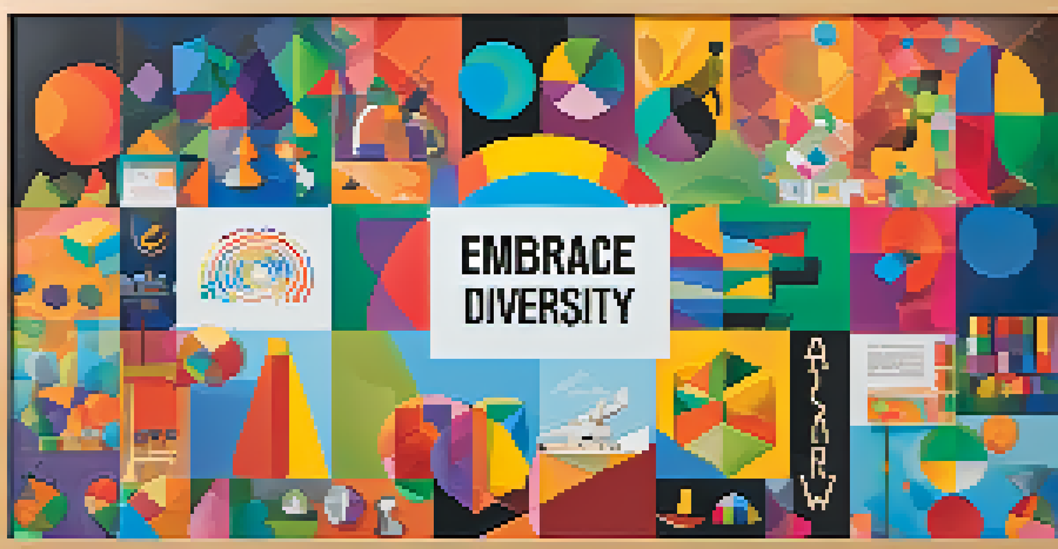 An inspirational poster that says 'Embrace Diversity' on a corkboard with photographs of diverse teams.