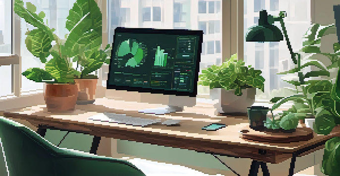 A modern office workspace with a computer showing AI analytics, potted plants, and natural light.