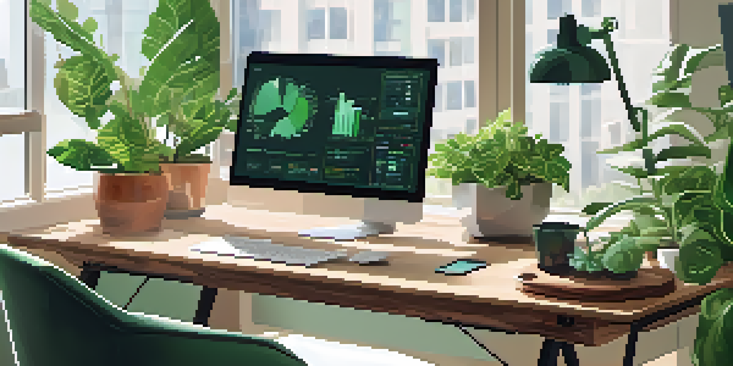 A modern office workspace with a computer showing AI analytics, potted plants, and natural light.