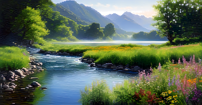A peaceful river scene with green trees, wildflowers, and distant mountains, illustrating the concept of adaptability.