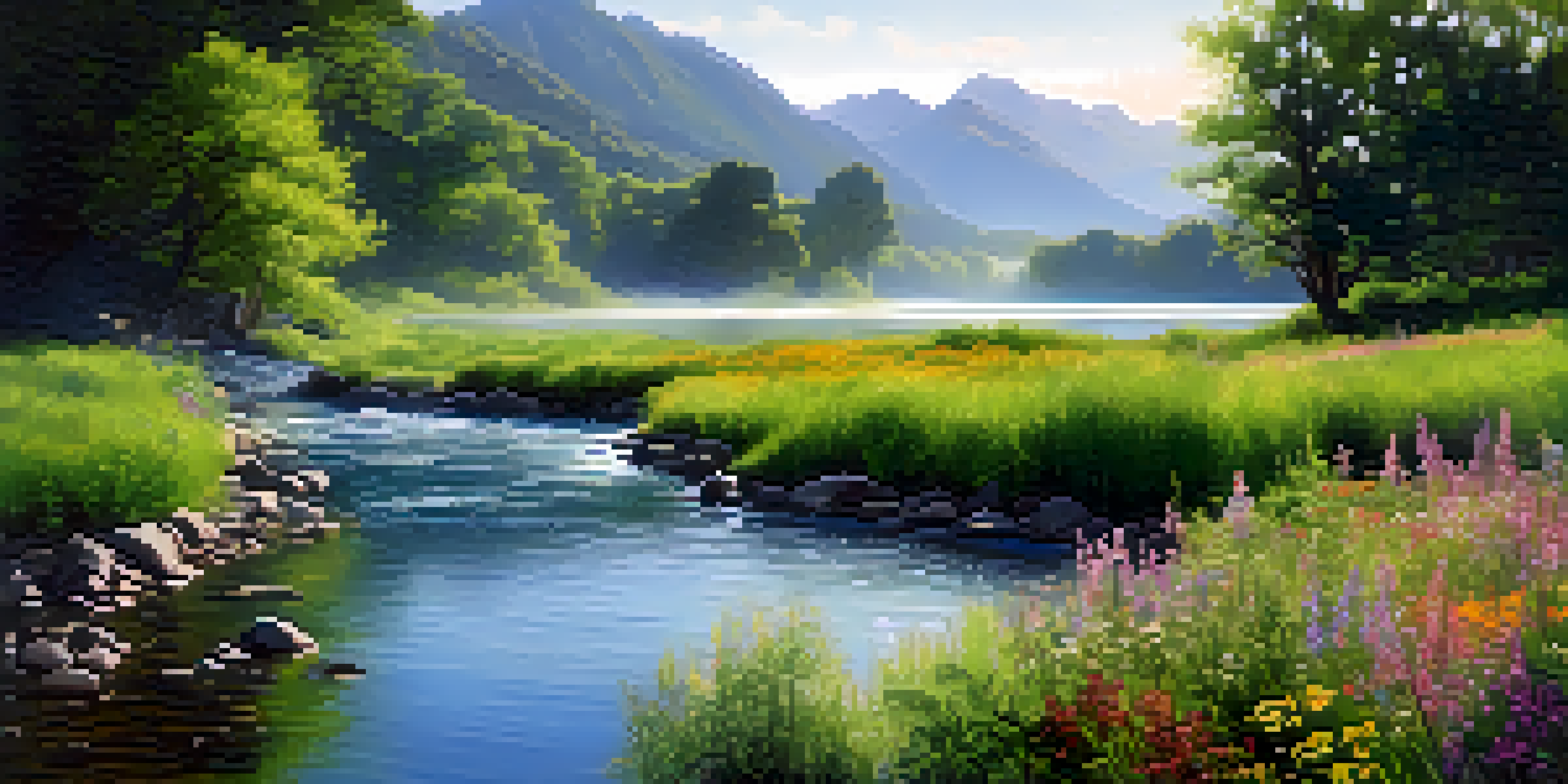 A peaceful river scene with green trees, wildflowers, and distant mountains, illustrating the concept of adaptability.