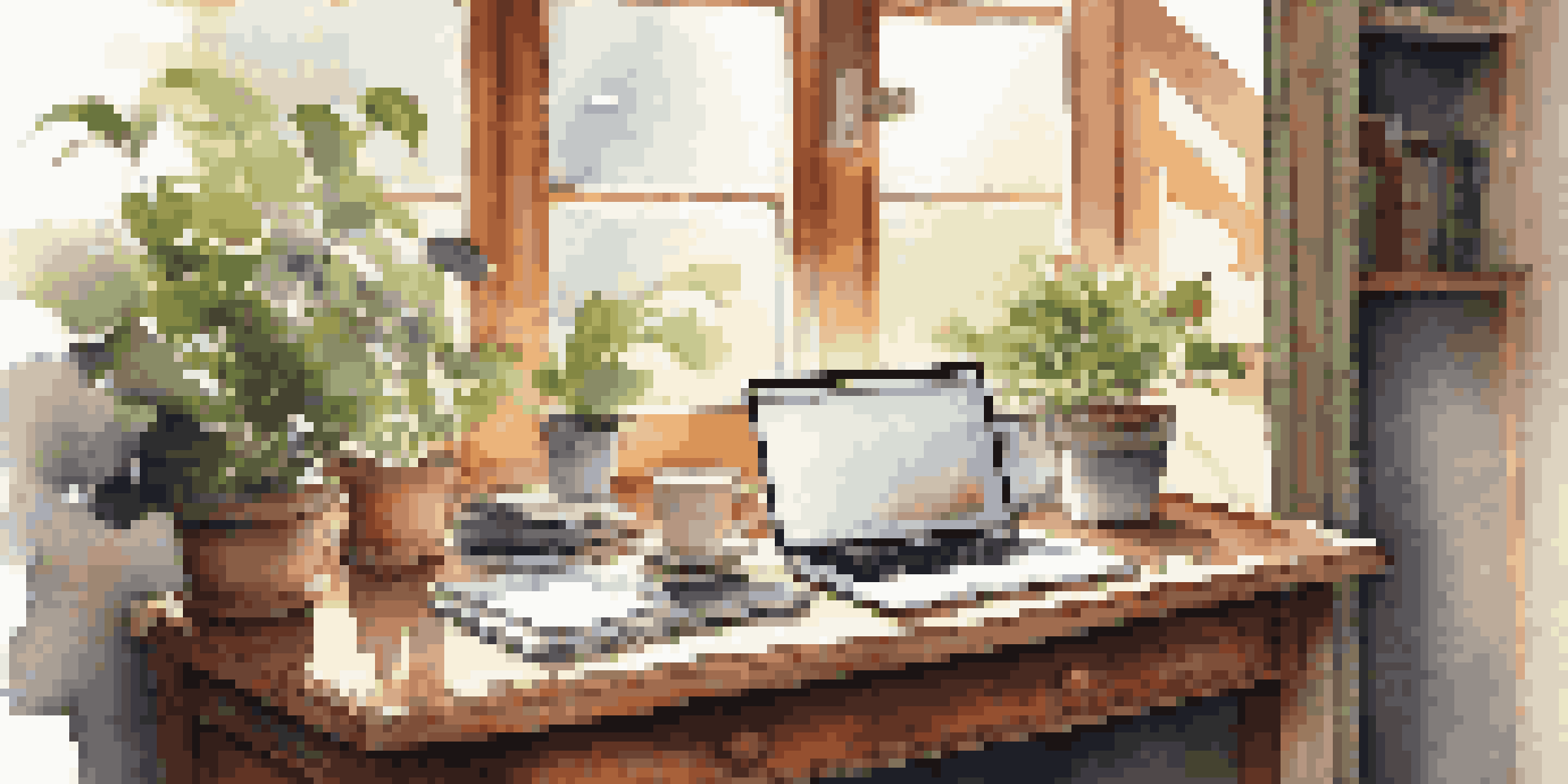 A peaceful workspace with a wooden desk, laptop, colorful notebooks, and a cup of coffee, illuminated by sunlight.