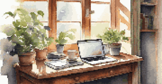 A peaceful workspace with a wooden desk, laptop, colorful notebooks, and a cup of coffee, illuminated by sunlight.