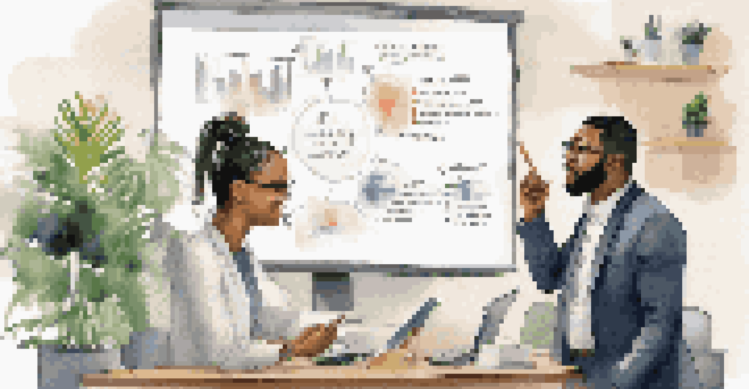 A mentor guiding a young professional in a modern office, discussing career development strategies with a digital presentation.