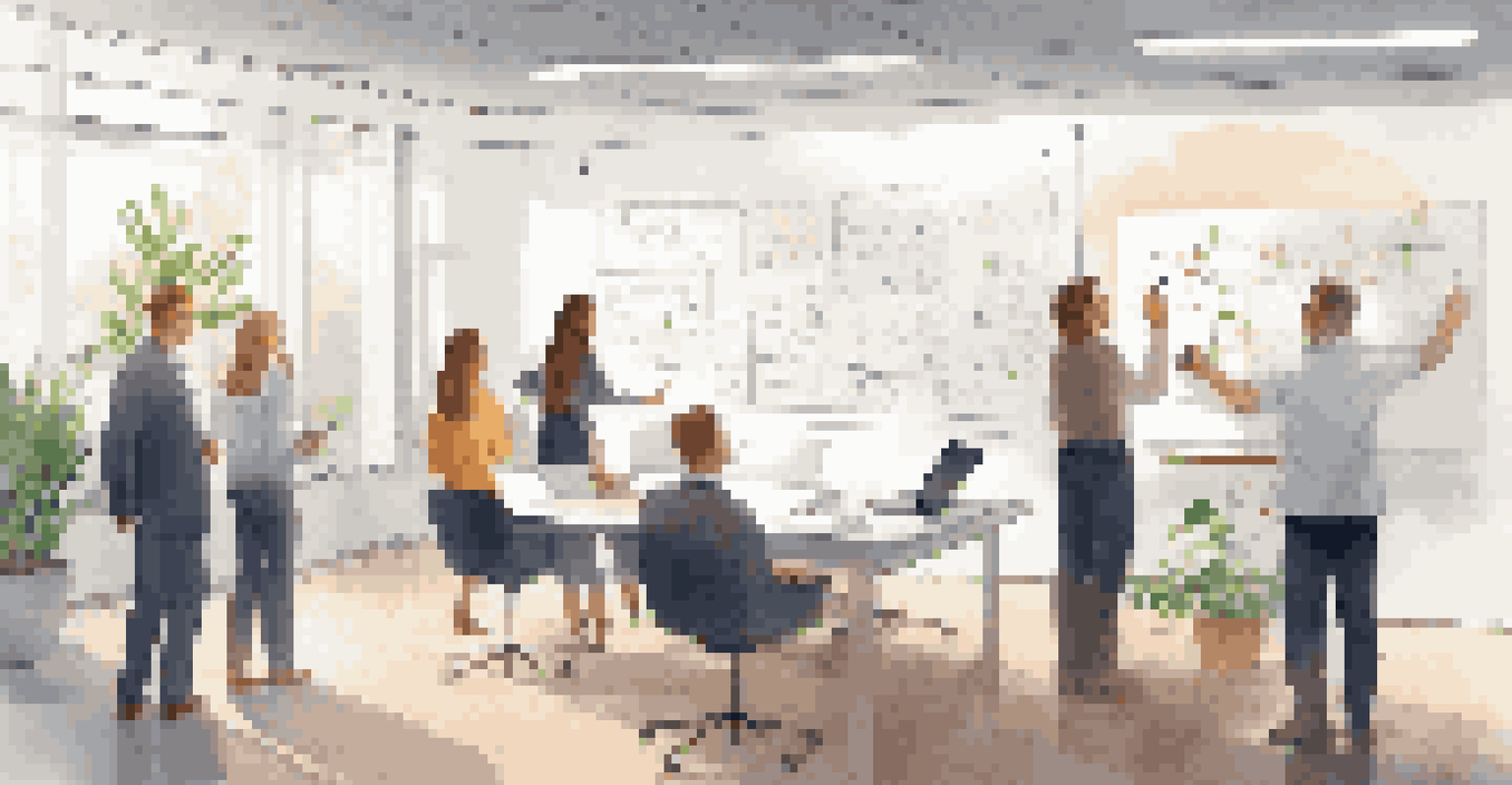 A modern office space with a team meeting in progress, featuring a large whiteboard filled with notes and diagrams.
