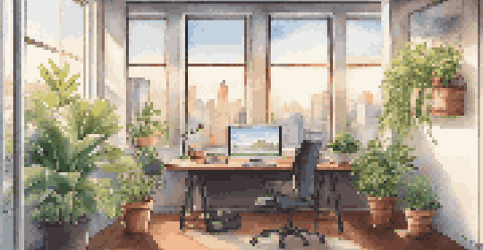 An organized office with a city view, featuring plants, a laptop, and motivational quotes, illuminated by soft morning light.