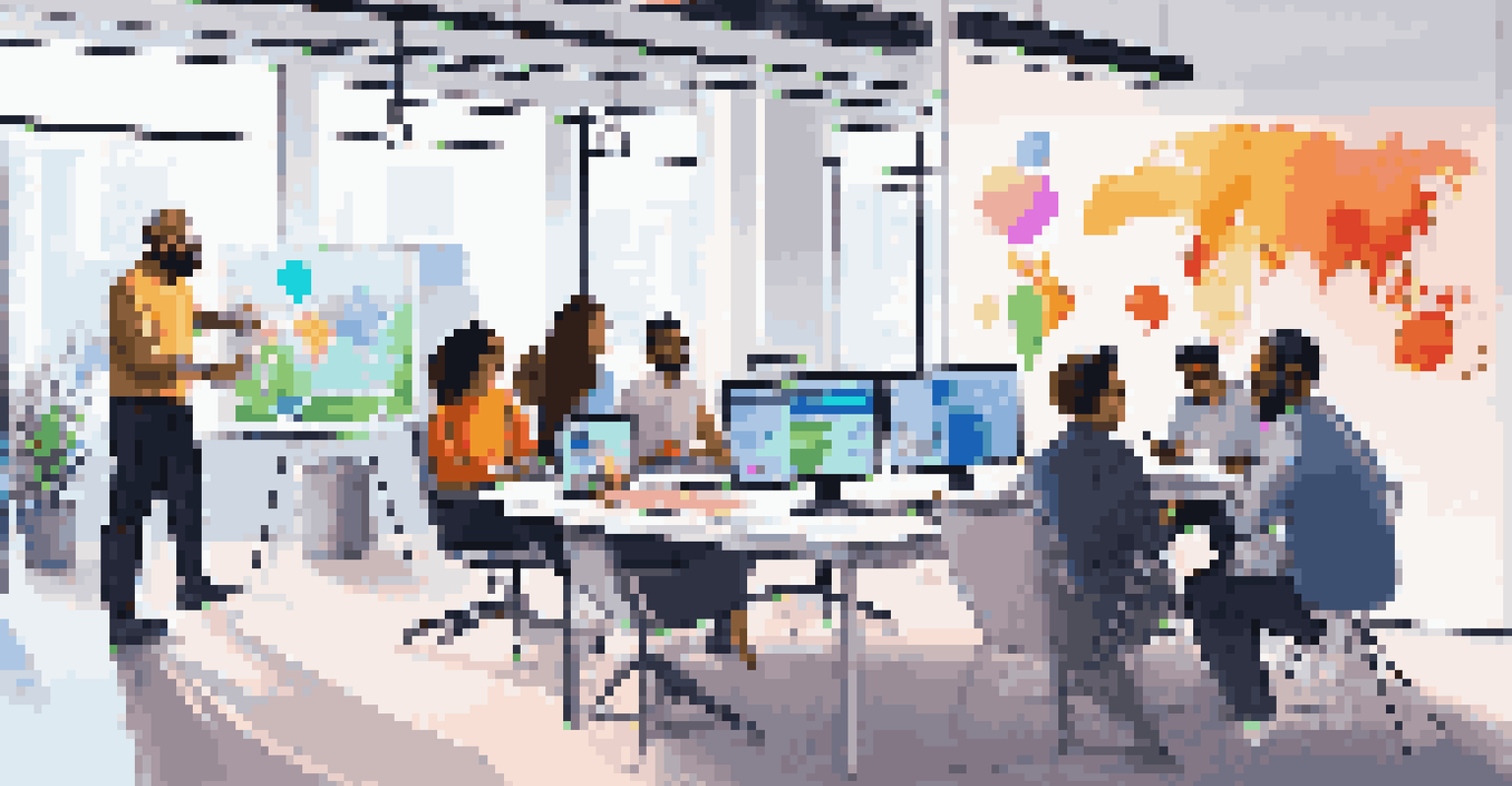 A diverse team of professionals collaborating on a tech project in a modern office.