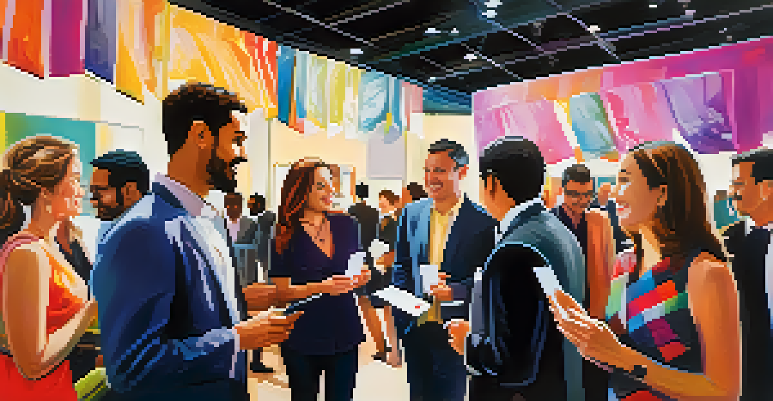 A networking event with professionals from diverse backgrounds exchanging business cards.