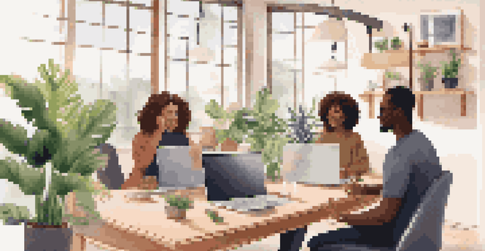 A diverse group of new employees participating in a virtual onboarding session through video call on their laptops in a cozy home office.