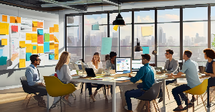 A diverse group of professionals collaborating in a bright modern workspace with laptops and charts.