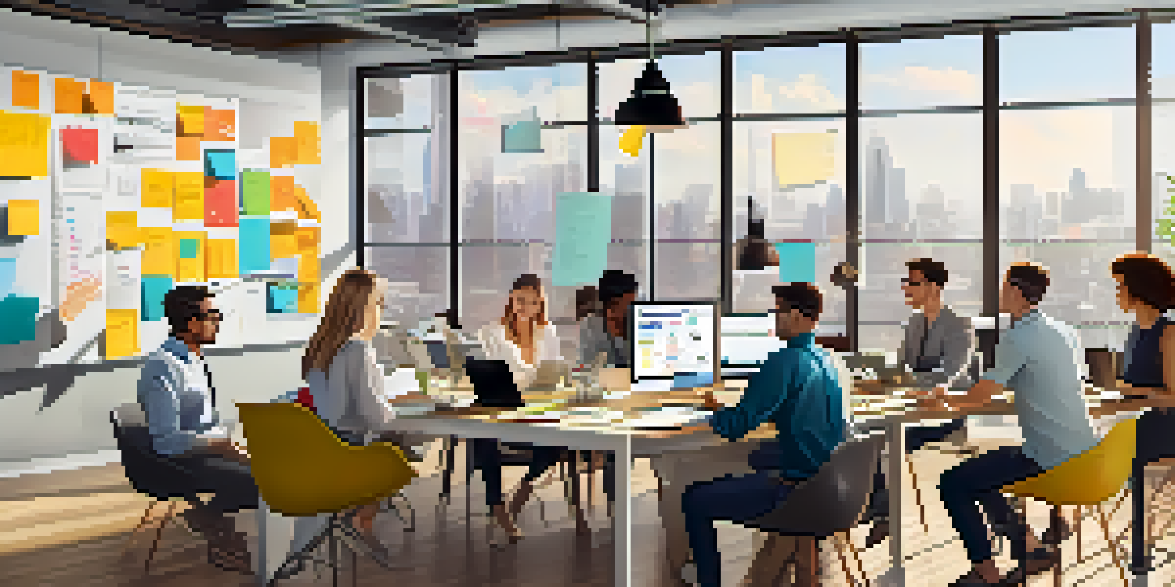 A diverse group of professionals collaborating in a bright modern workspace with laptops and charts.