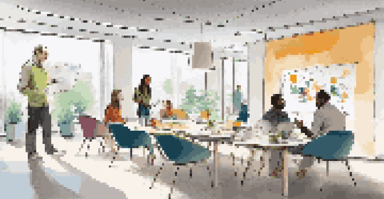 A dedicated collaboration zone with a large whiteboard covered in notes, a central table with team members discussing ideas, and modern decor creating a creative atmosphere.