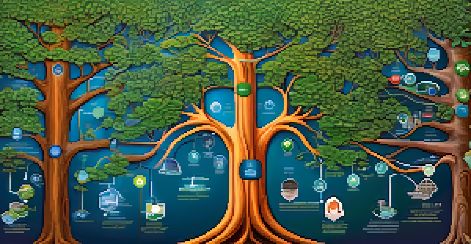 An artistic representation of a tree with branches leading to various career paths illustrated by icons of different professions.