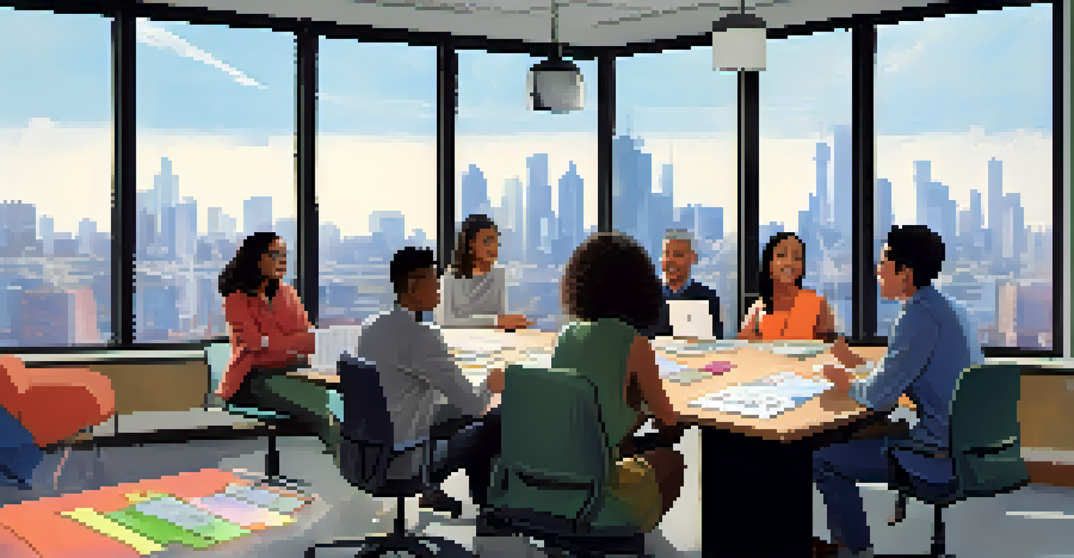 Diverse interns discussing ideas at a conference table, surrounded by notebooks and laptops, with a colorful whiteboard in the background and a city view through the window.