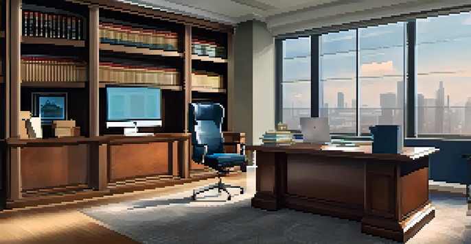 A lawyer working in a bright, modern law office, using an AI device to review legal documents.