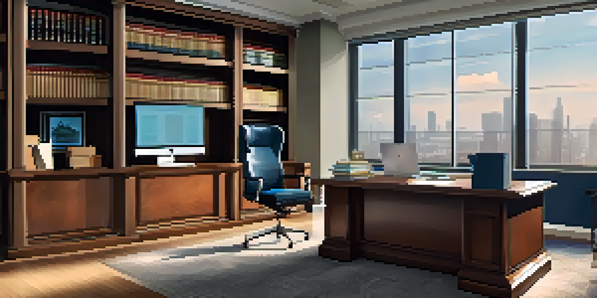 A lawyer working in a bright, modern law office, using an AI device to review legal documents.