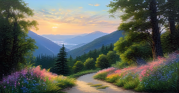 A beautiful mountain landscape with a winding trail, vibrant flowers, and a soft dawn sky.