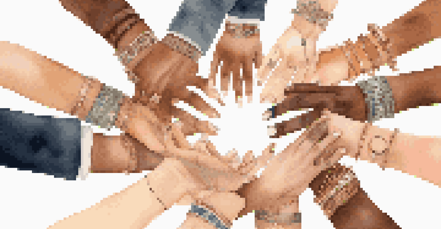 A close-up of diverse hands joining together in unity, symbolizing teamwork and inclusivity in a workplace.