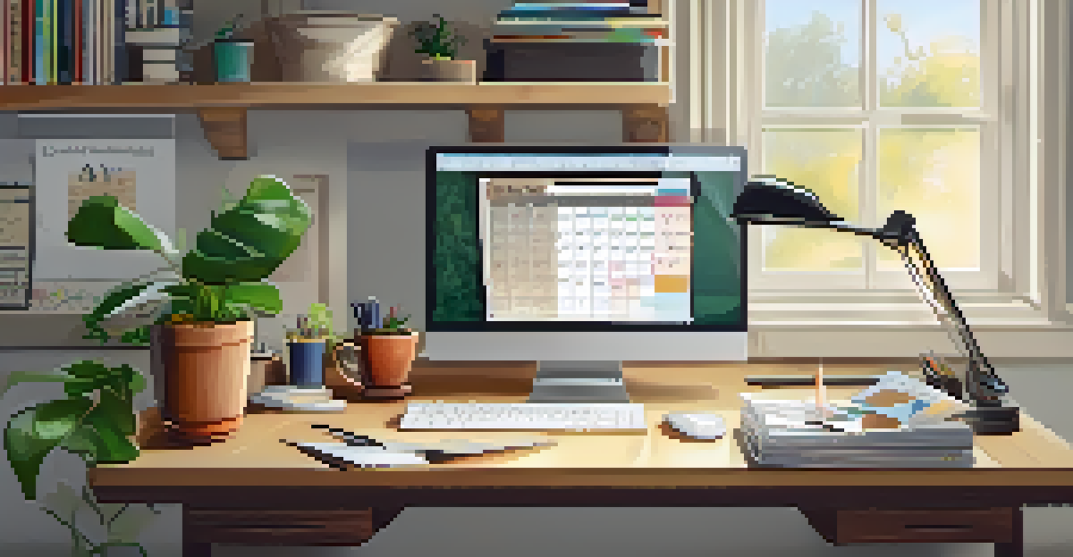 A well-organized home workspace with a laptop, family calendar, and a cup of coffee, bathed in natural light.