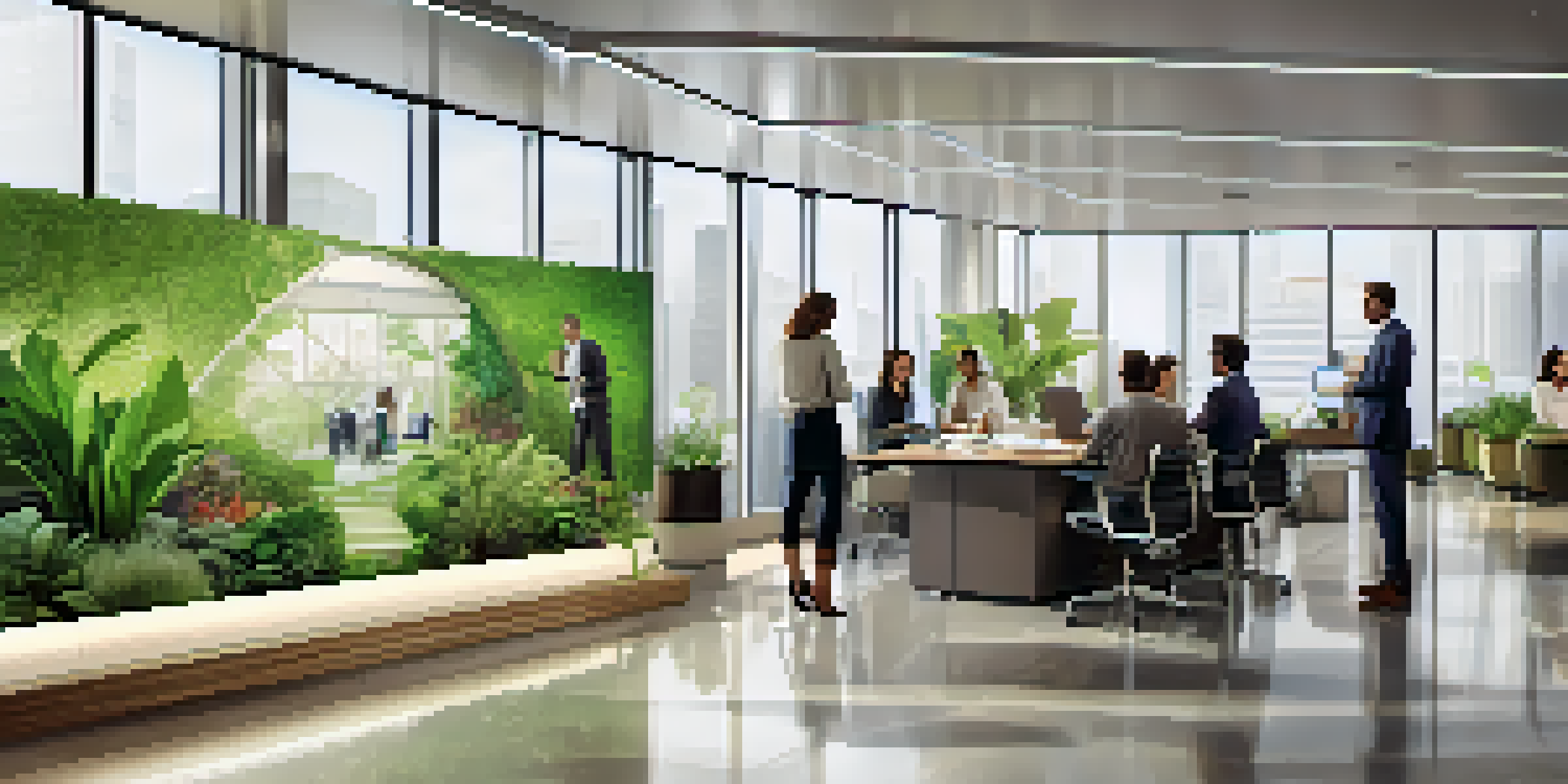 A diverse group of employees working together in a modern office setting, discussing sustainability projects surrounded by greenery and natural light.