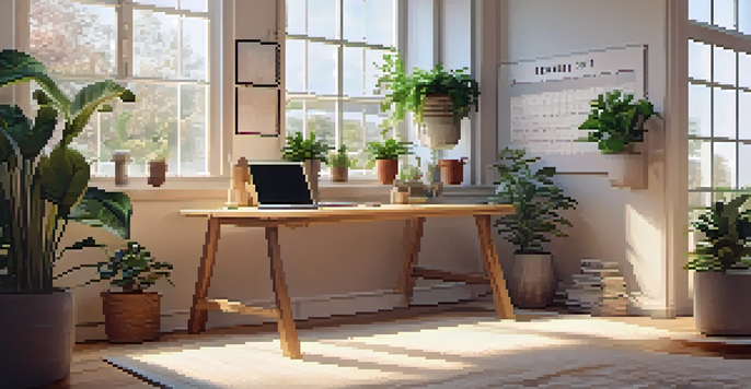 A calm workspace featuring a wooden desk with a laptop, coffee cup, and indoor plants, illuminated by natural light.