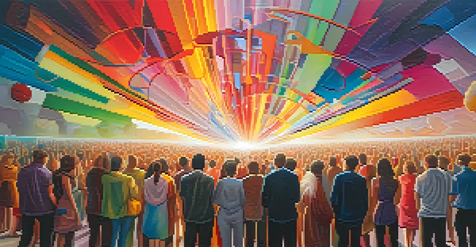 An abstract representation of a vision statement on a canvas, surrounded by people admiring it in a creatively lit space.