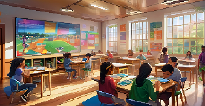 A colorful classroom with students engaged in gamified learning, collaborating with technology and cheering for achievements.