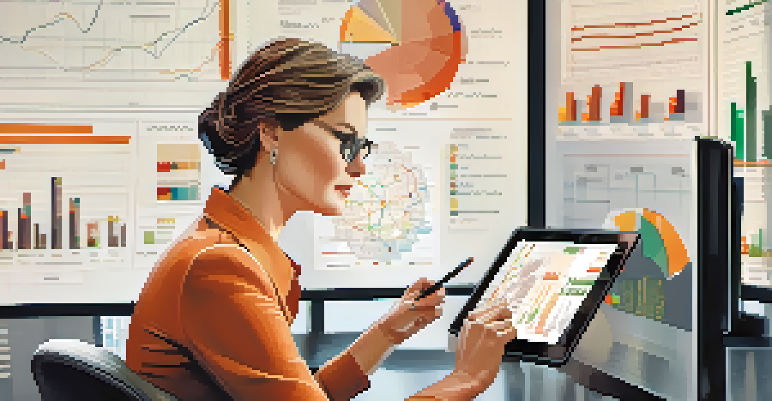 A business leader analyzing data on a tablet in a modern office.