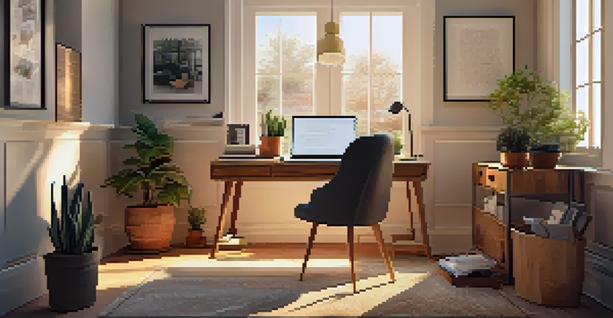 A warm and inviting home office with a wooden desk, laptop, plants, and sunlit window.