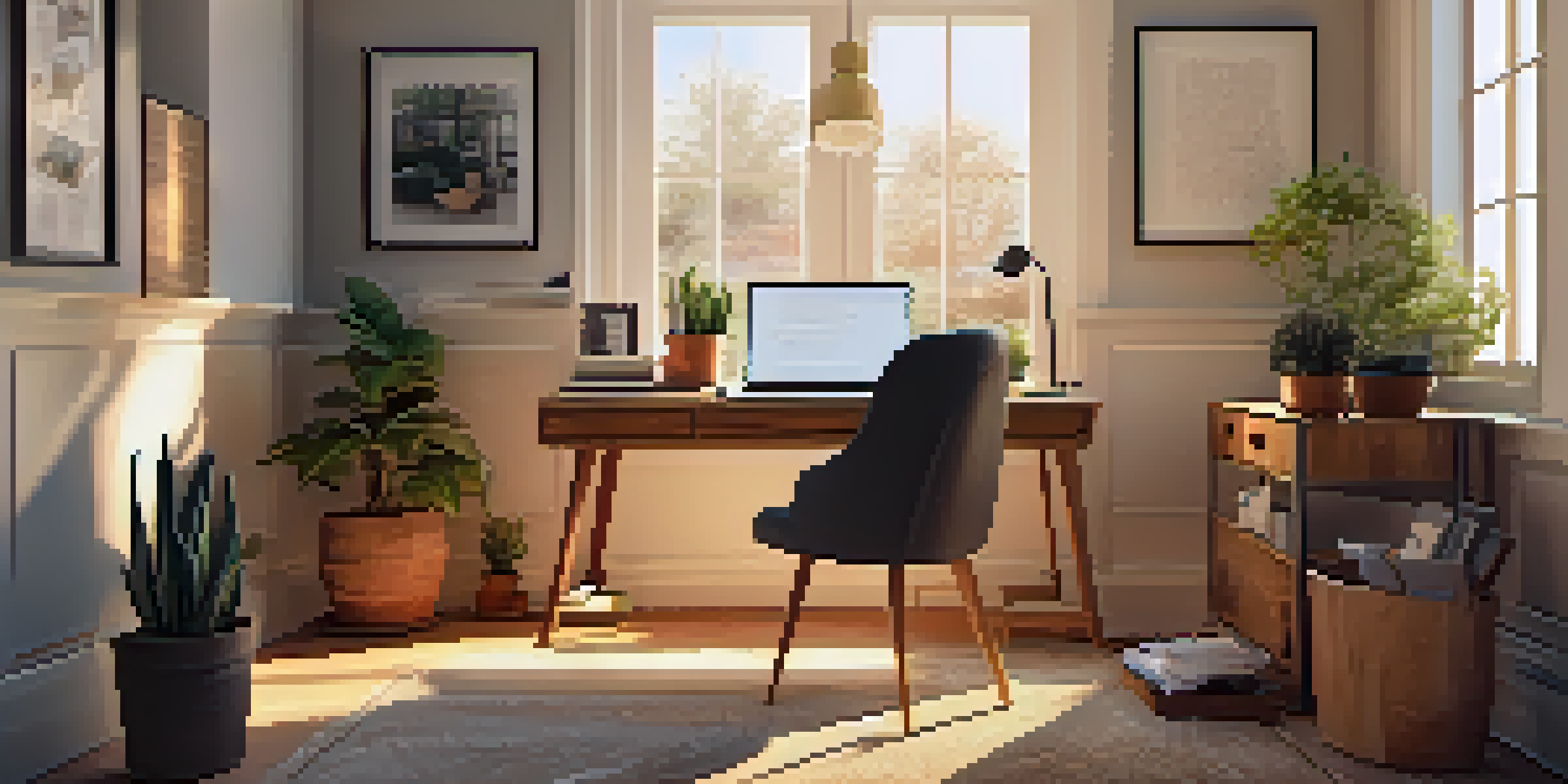 A warm and inviting home office with a wooden desk, laptop, plants, and sunlit window.