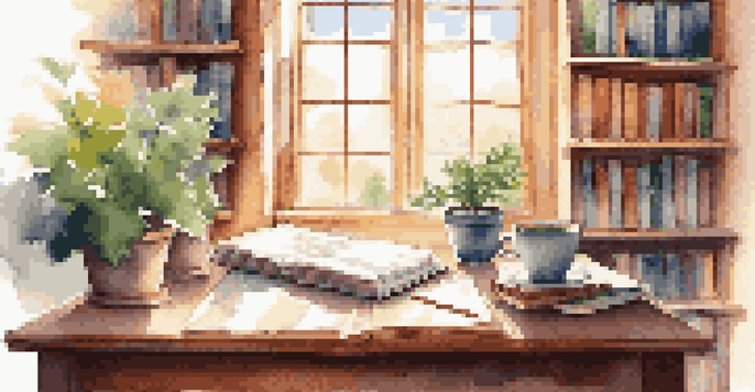A cozy workspace with a wooden desk, an open notebook, a cup of coffee, and a potted plant, with sunlight streaming through a window and a bookshelf in the background.