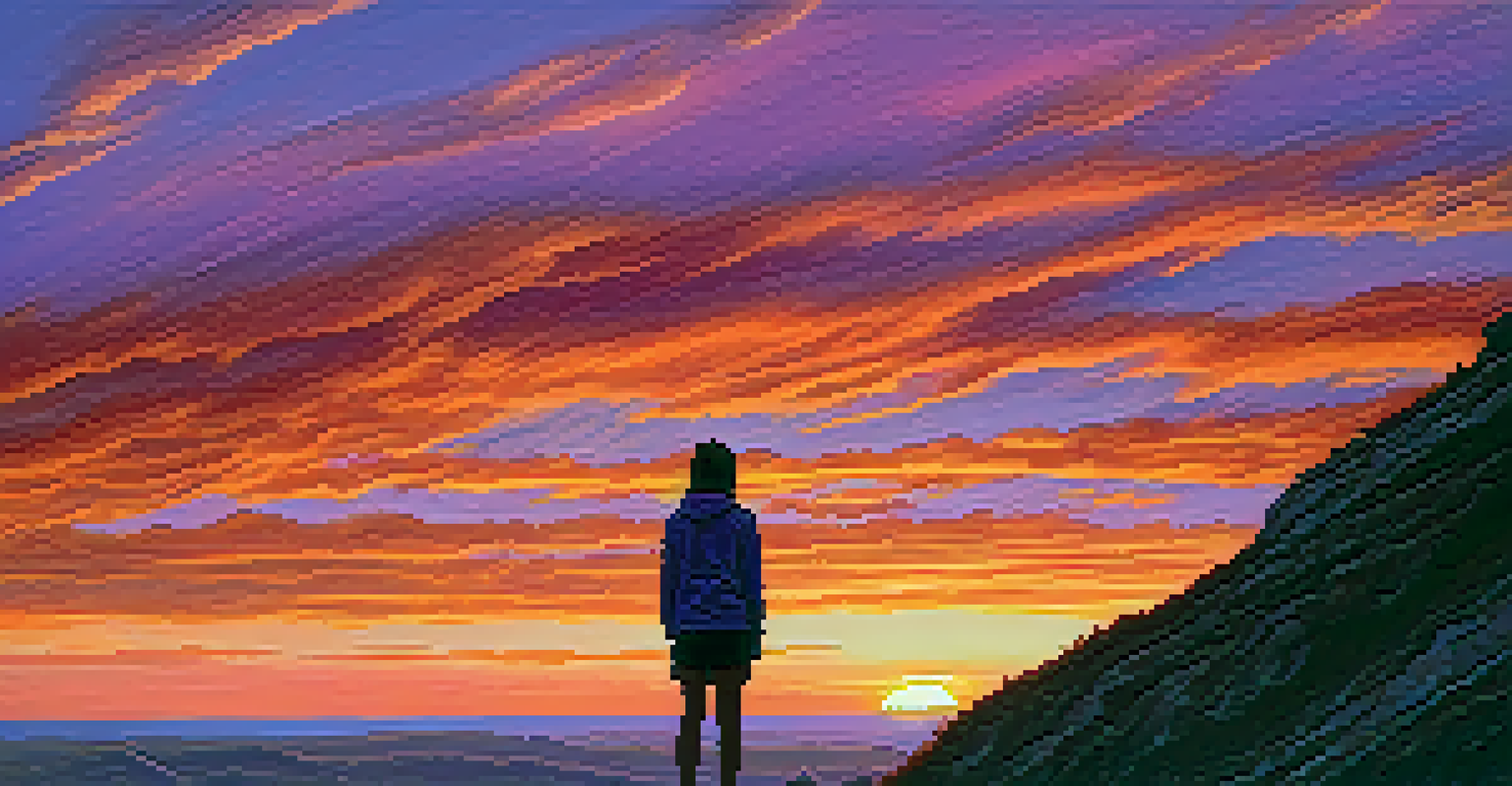 A silhouette of a person standing on a cliff, looking at a colorful sunset over a vast landscape, representing new beginnings.