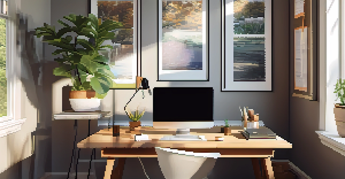 A warm and inviting home office setup with a wooden desk, a laptop, coffee cup, and framed testimonials on the wall, illuminated by natural light.