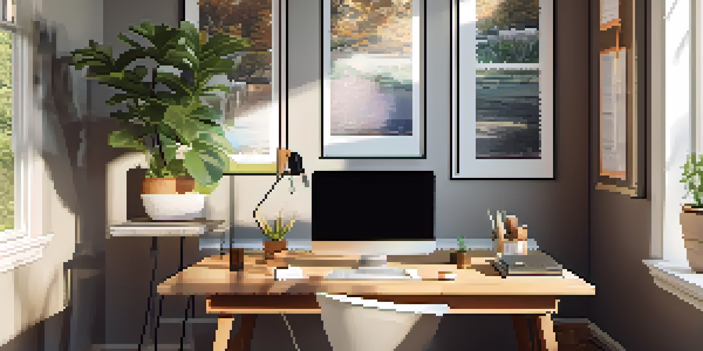 A warm and inviting home office setup with a wooden desk, a laptop, coffee cup, and framed testimonials on the wall, illuminated by natural light.