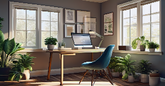 A stylish home office with a desk, laptop, and plants, illuminated by natural sunlight.