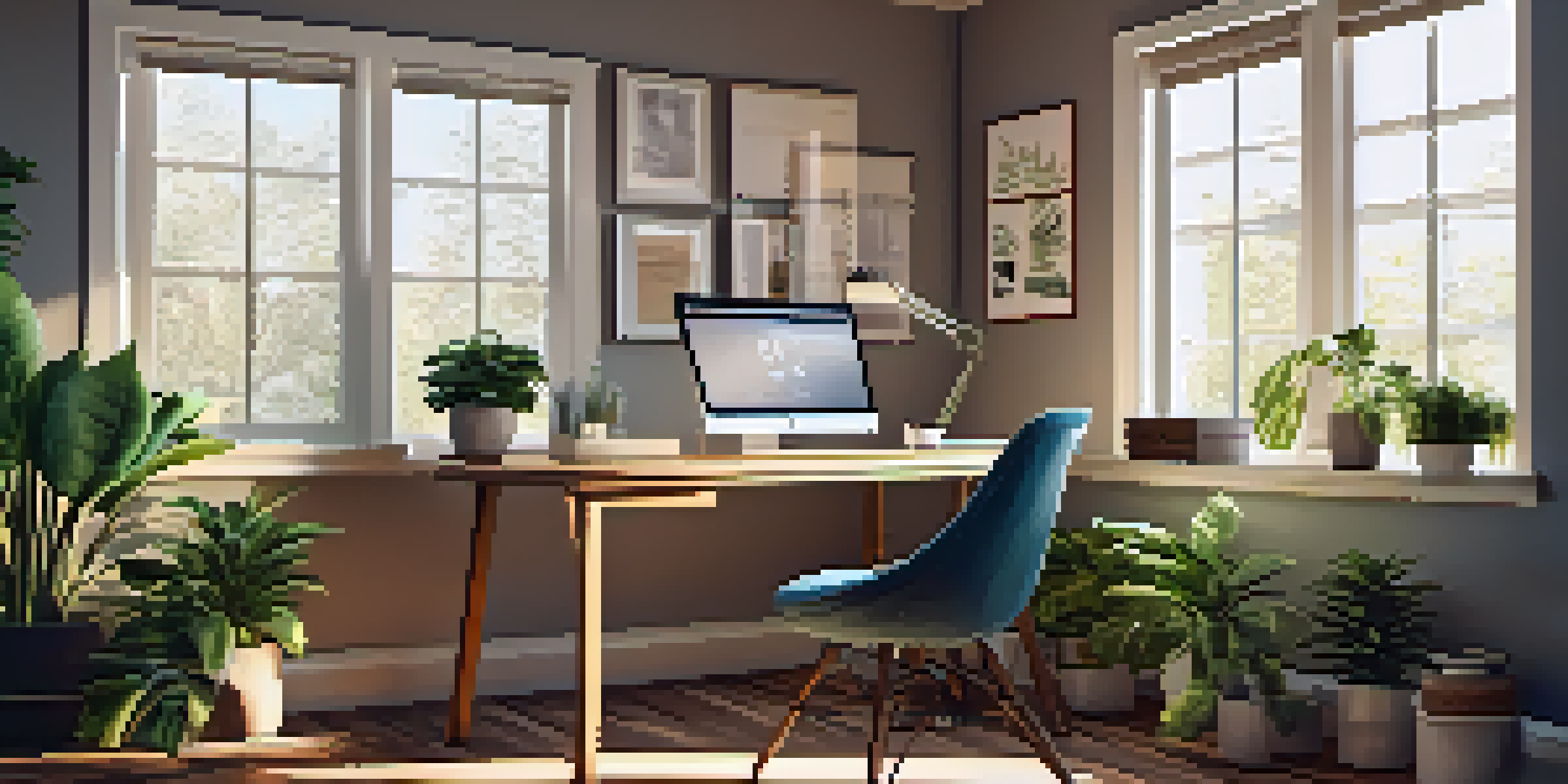 A stylish home office with a desk, laptop, and plants, illuminated by natural sunlight.