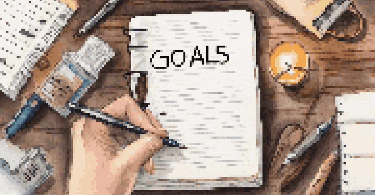 A close-up of a hand writing in a journal filled with goals and motivational quotes, surrounded by office supplies.