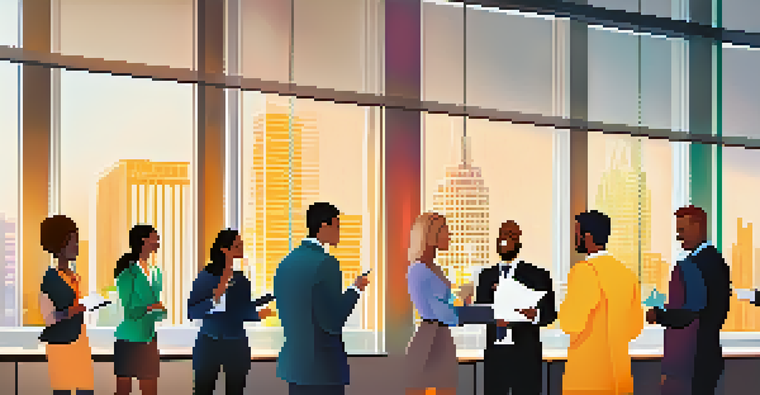 A diverse group of professionals networking and sharing ideas in a bright conference room.