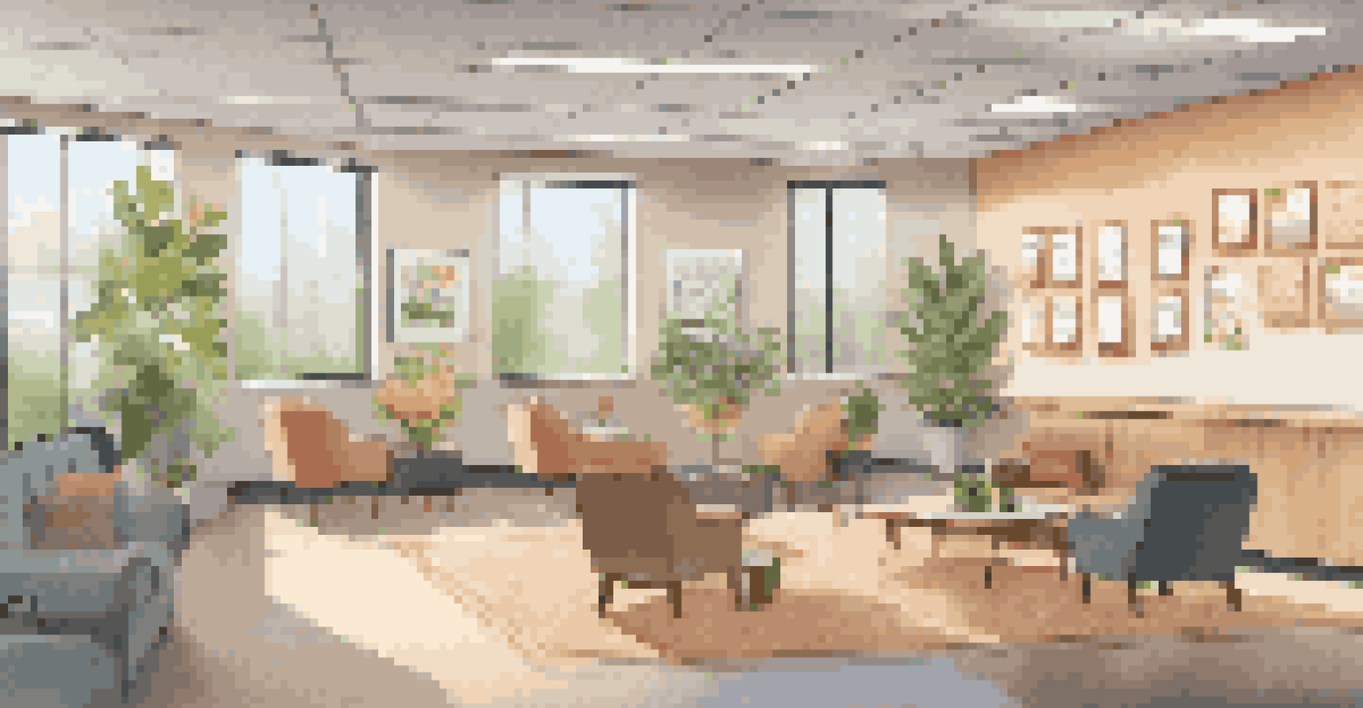 A cozy break room with a lounge area, coffee station, and motivational quotes promoting self-care.