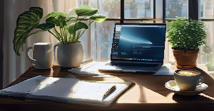 A peaceful workspace with a laptop, planner, and coffee cup on a wooden desk, illuminated by sunlight.
