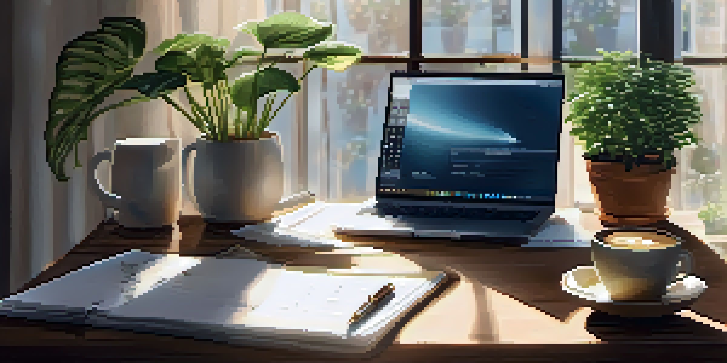 A peaceful workspace with a laptop, planner, and coffee cup on a wooden desk, illuminated by sunlight.