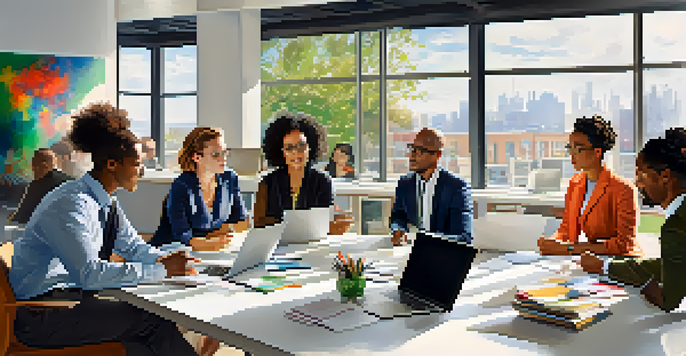 A diverse team of professionals engaged in a collaborative meeting, discussing ideas around a large table in a bright, modern office.