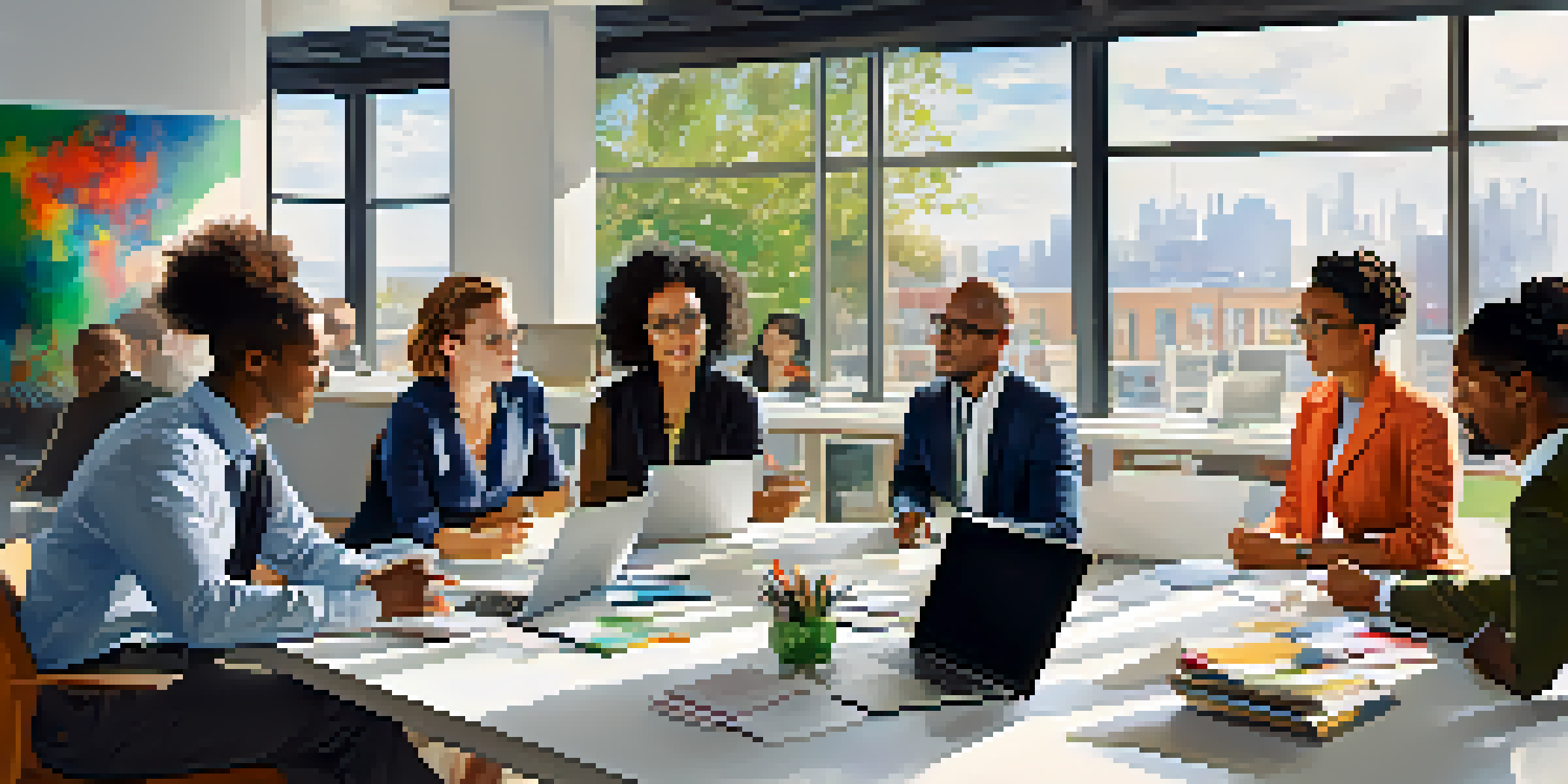 A diverse team of professionals engaged in a collaborative meeting, discussing ideas around a large table in a bright, modern office.