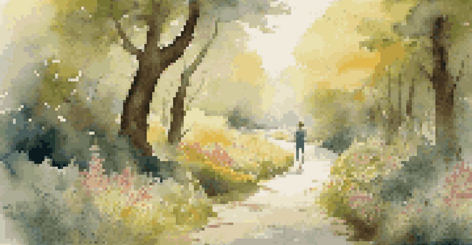 A winding path through a lush forest, symbolizing adaptability and personal growth, with a figure walking along the path.