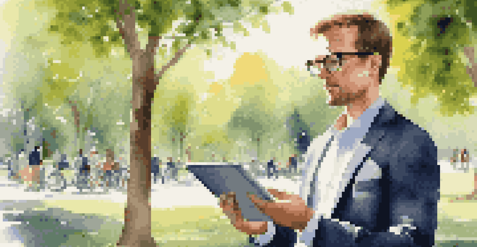 A professional using a tablet to analyze AI data in a park surrounded by greenery.