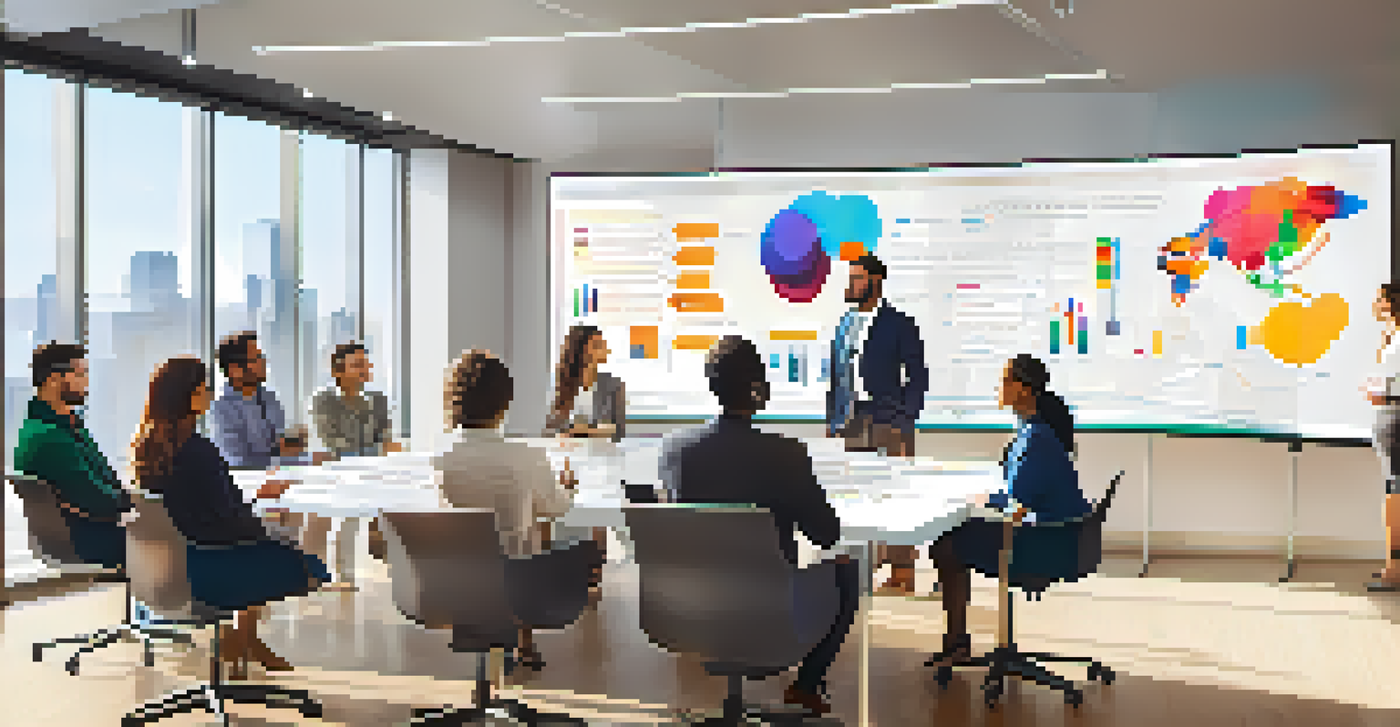 A diverse team of professionals in a conference room discussing and collaborating near a whiteboard.